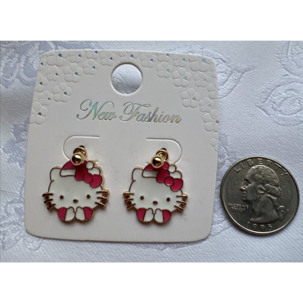 Hello Kitty Gold-Tone Pink Bow Stud Dangle Earrings Colorful New